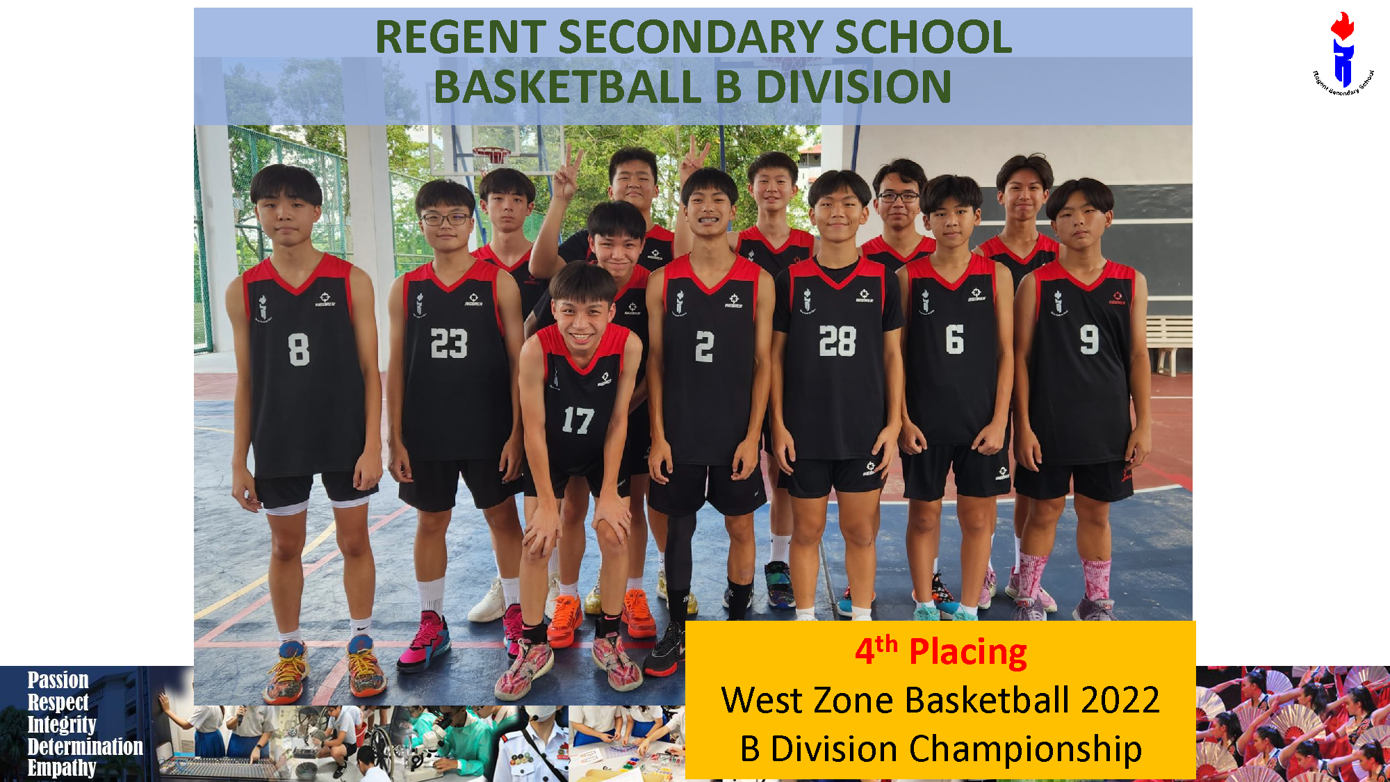 Regent Secondary School Basketball B Division team posing on a court, achieving 4th place at West Zone 2022.